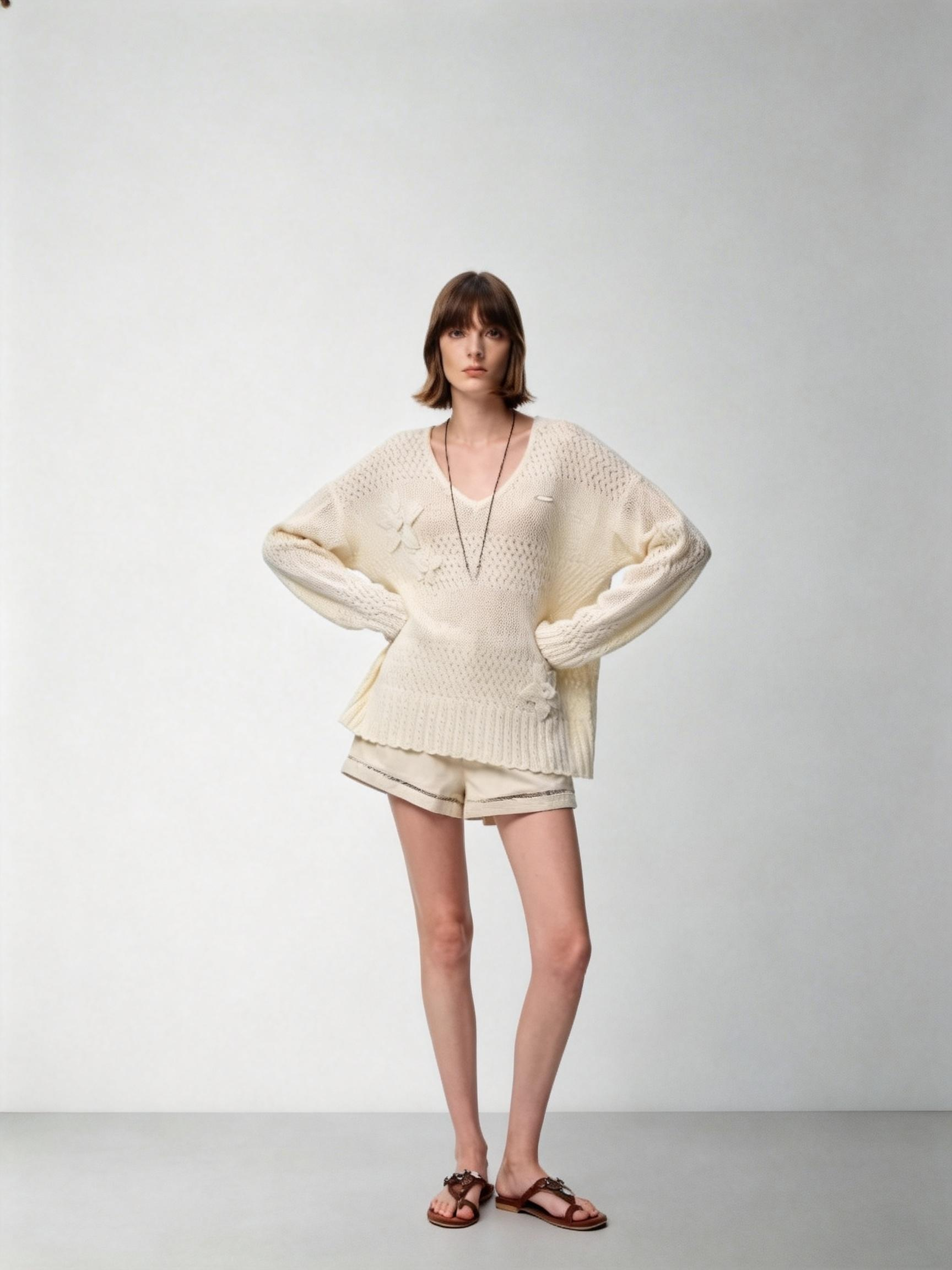 SHROENRO 3D Floral V-Neck Knit Sweater with Elegant Openwork Design