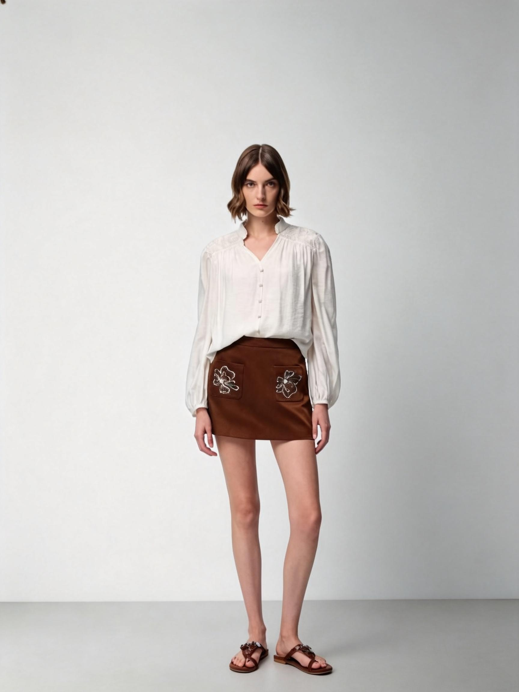 SHROENRO Heavy-Duty Embroidered Short-Stand Collar Drapey Loose-Fit Long-Sleeve Shirt for Women