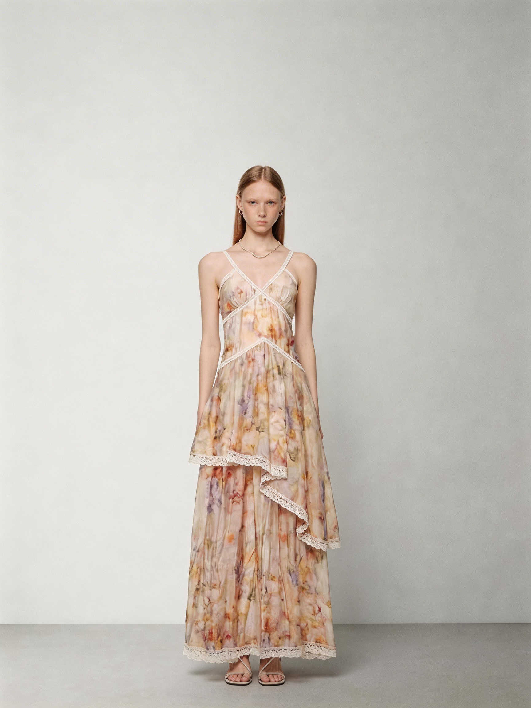 SHROENRO Collection: A stylish, waist-cinched strapless dress featuring lace panels and an oil painting print