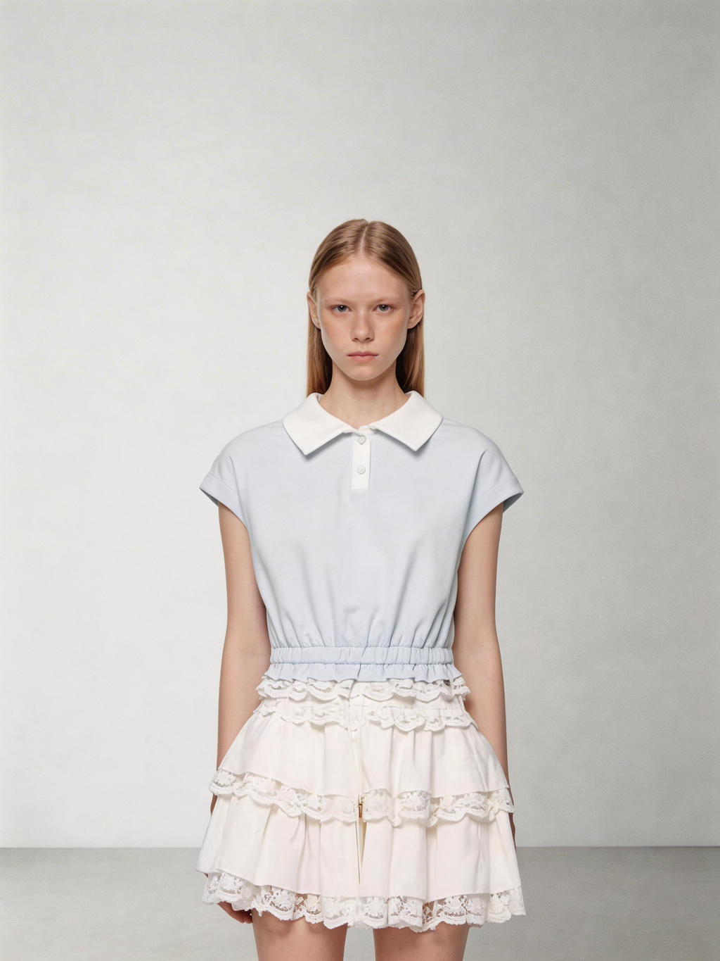 SHROENRO New Arrival: Sweet Preppy-Style Color-Blocked Polo-Neck Lace-Trimmed Fitted T-Shirt