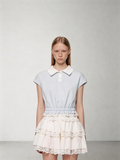 SHROENRO New Arrival: Sweet Preppy-Style Color-Blocked Polo-Neck Lace-Trimmed Fitted T-Shirt