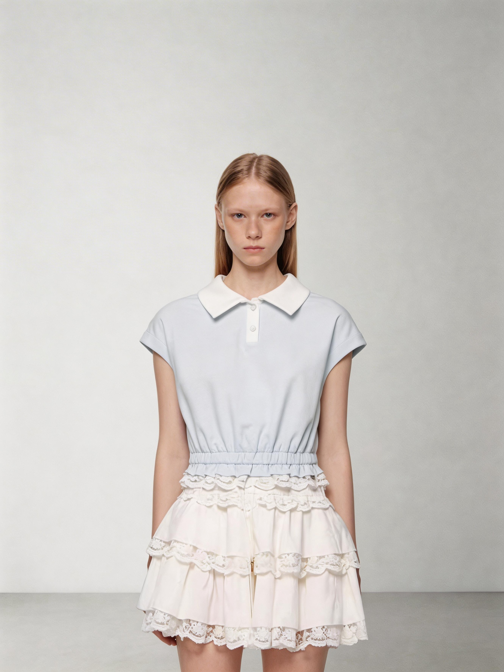 SHROENRO New Arrival: Sweet Preppy-Style Color-Blocked Polo-Neck Lace-Trimmed Fitted T-Shirt