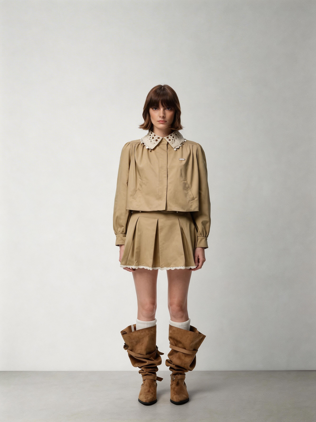 SHROENRO Lace Openwork Peter Pan Collar, Flowy Bubble Sleeves, Versatile Short-Sleeve Top