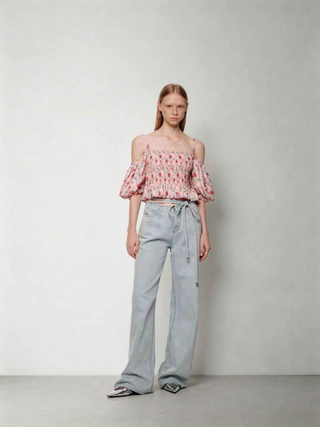 SHROENRO Drawstring Slim-Fit Straight-Leg Casual Denim Pants