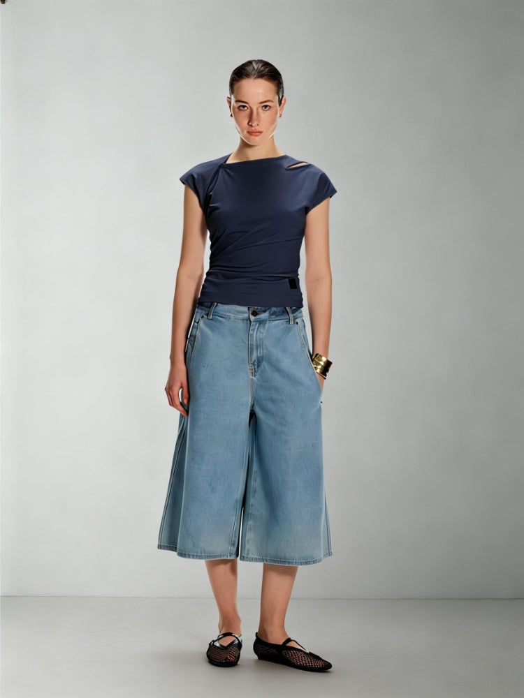 Dpercent Light Blue Vintage-Washed Adjustable-Waist Mid-Rise Loose-Fit, Slimming Wide-Leg Denim Shorts