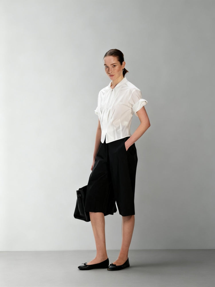 White Shirt with Embroidered Sash, Tuck Pleats, and Rolled Sleeves in a 50% Wool Blend with a Slightly Crinkled Texture