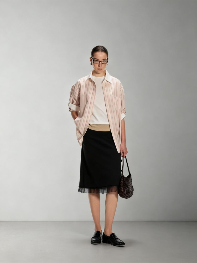 Dpercent: Floral-print tulle-trimmed hem with button detailing Classic, versatile striped skirt for the office