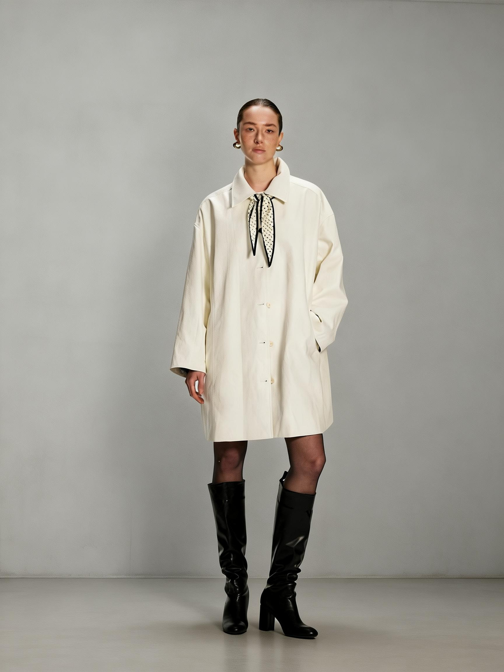 Dpercent Eco-Friendly White Faux Leather Trench Coat with Lapels