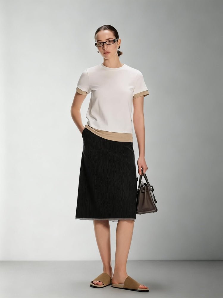 Dpercent Recycled Fiber Classic Casual Oversized Color-Block Breathable, Flattering Faux Two-Piece Crew Neck T-Shirt