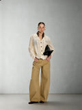 Dpercent All-Cotton Khaki Casual Pants with Color-Blocked Leather Straps, Straight-Cut Side Pockets, and Curved-Leg Silhouette