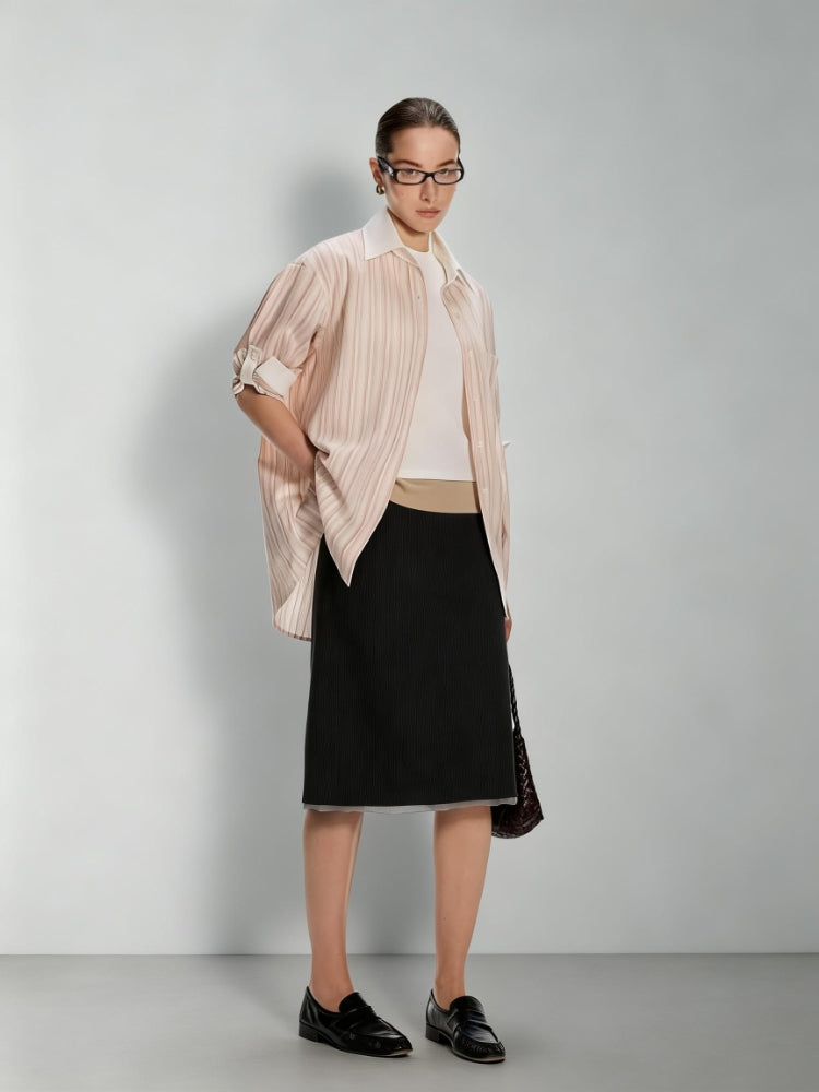 Dpercent Tencel Cotton Color-Blocked, Loose-Fit Casual Shirt with Rolled Sleeves and Reversible Design: Striped Pink Shirt