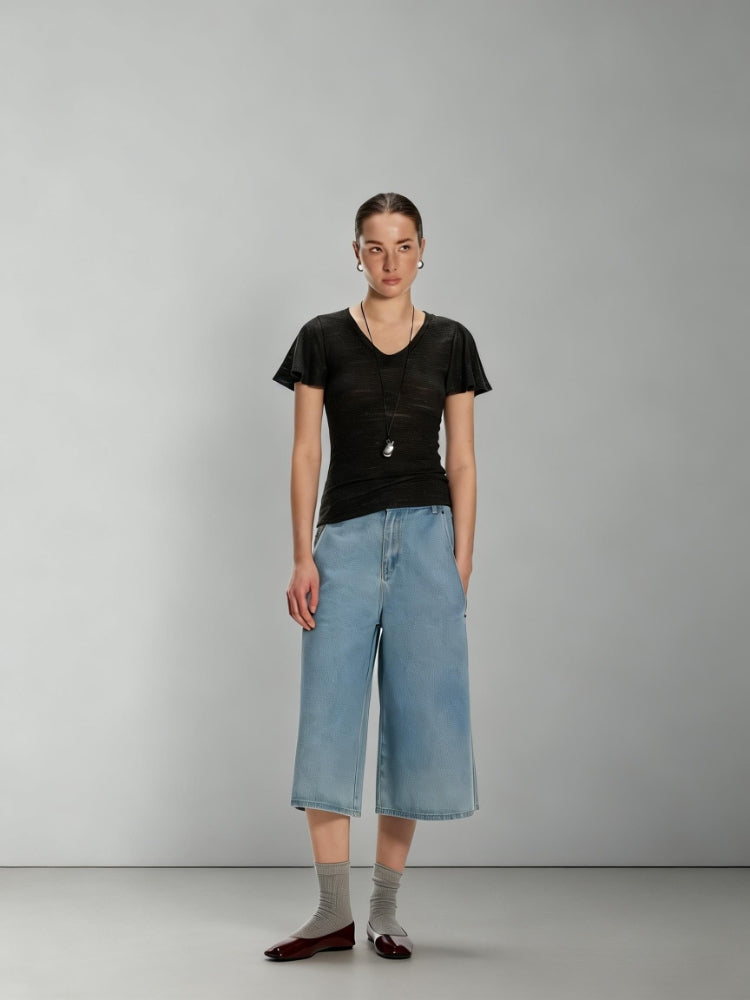 Dpercent Light Blue Vintage-Washed Adjustable-Waist Mid-Rise Loose-Fit, Slimming Wide-Leg Denim Shorts