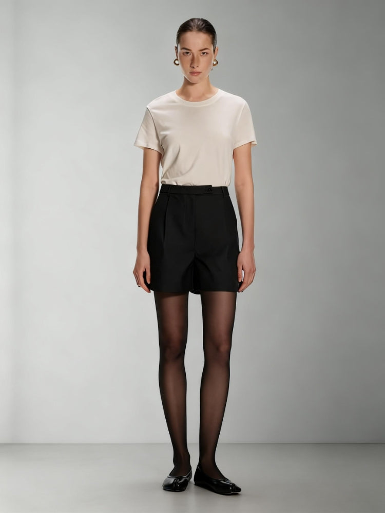 Dpercen Twill High-Waisted Pleated Hand-Stitched Hidden Hem A-Line Suit Shorts