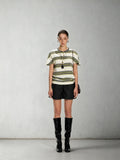 Dpercent Striped Patchwork Cashew-Print Henley-Neck One-Piece Slit T-Shirt with Cap Sleeves