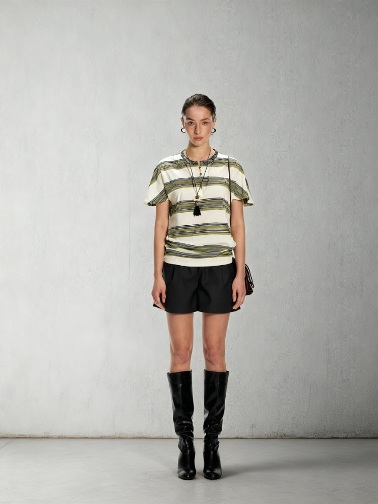 Dpercent Striped Patchwork Cashew-Print Henley-Neck One-Piece Slit T-Shirt with Cap Sleeves