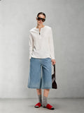 Dpercent Frayed Henley Neckline British-Style Leather Zipper Split-Hem Long-Sleeve Top