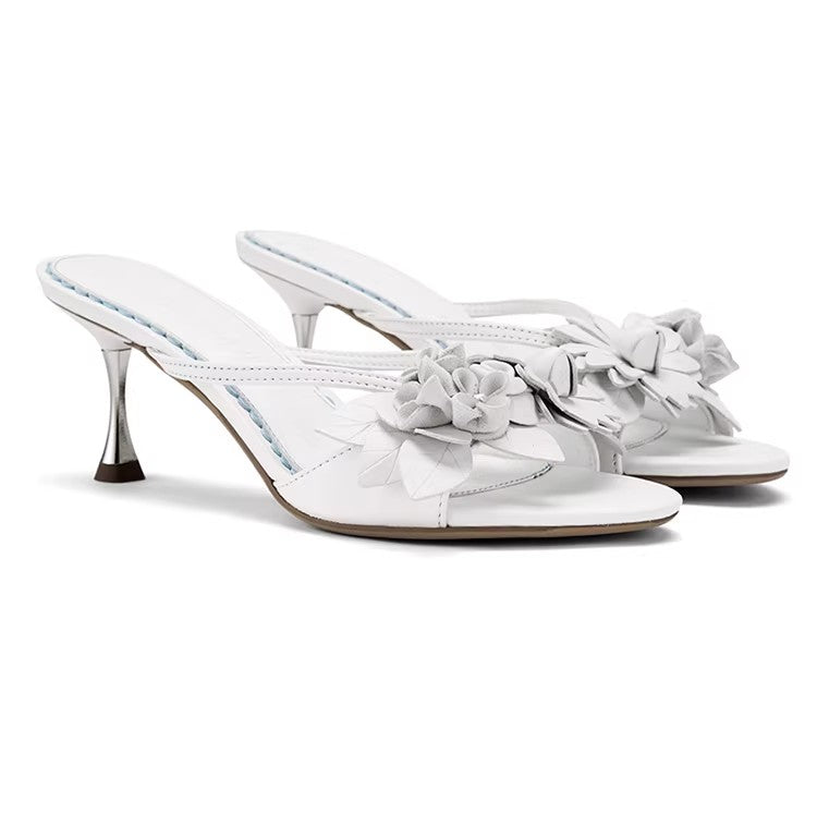 Original Design White Wedding Floral Lambskin Block Heel High Heel Sandals