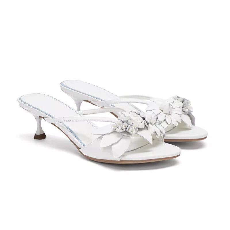 Original Design White Wedding Floral Lambskin Block Heel High Heel Sandals