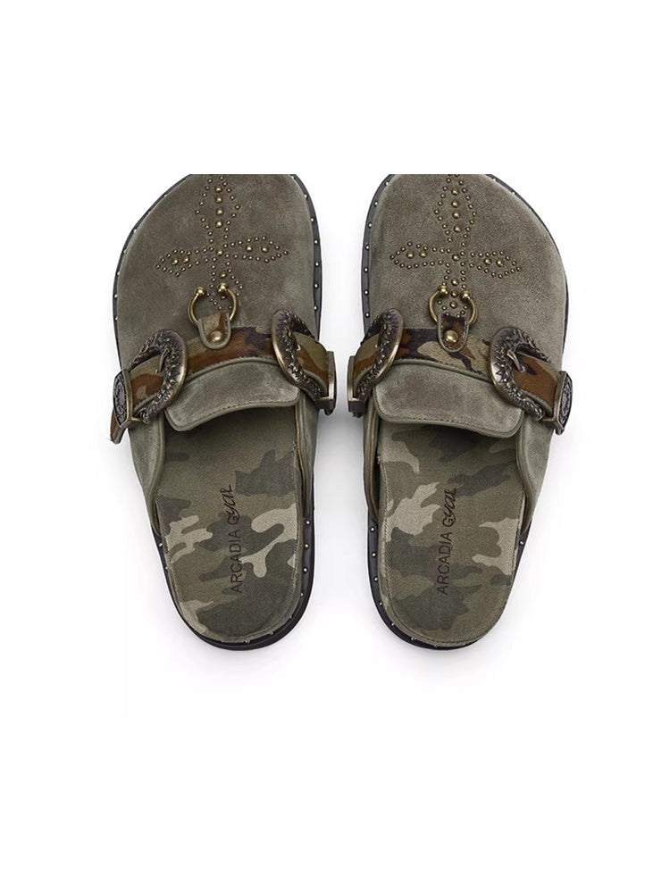 Designer Cross Studded Horsehair Leather Platform Closed Toe Birkenstock-Style