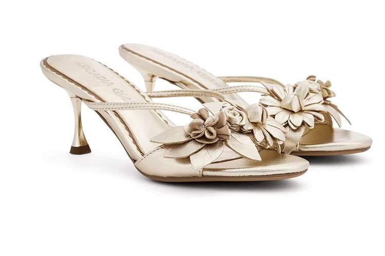 Original Design Silver Handmade Lambskin Floral Block Heel High Heels Gold