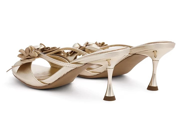 Original Design Silver Handmade Lambskin Floral Block Heel High Heels Gold