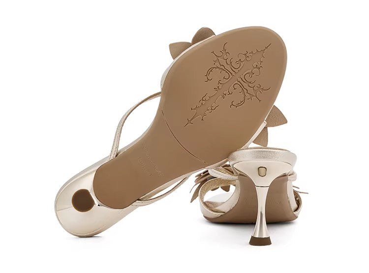 Original Design Silver Handmade Lambskin Floral Block Heel High Heels Gold