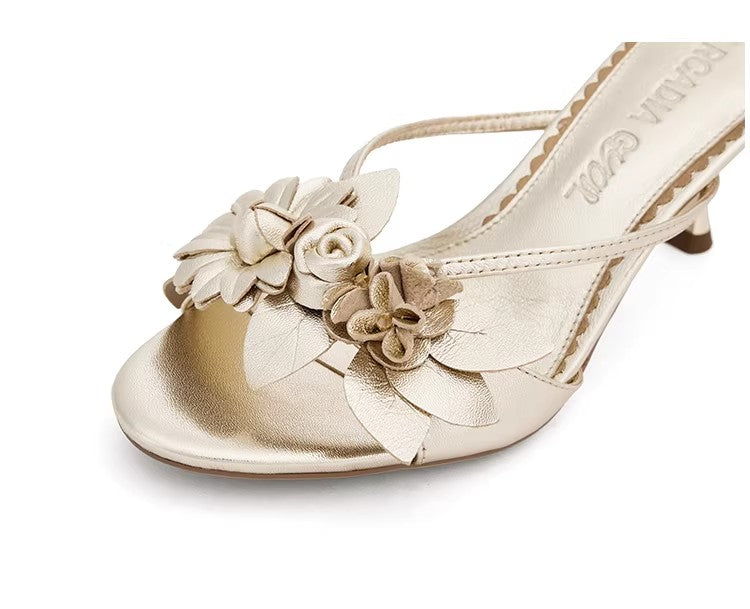 Original Design Silver Handmade Lambskin Floral Block Heel High Heels Gold