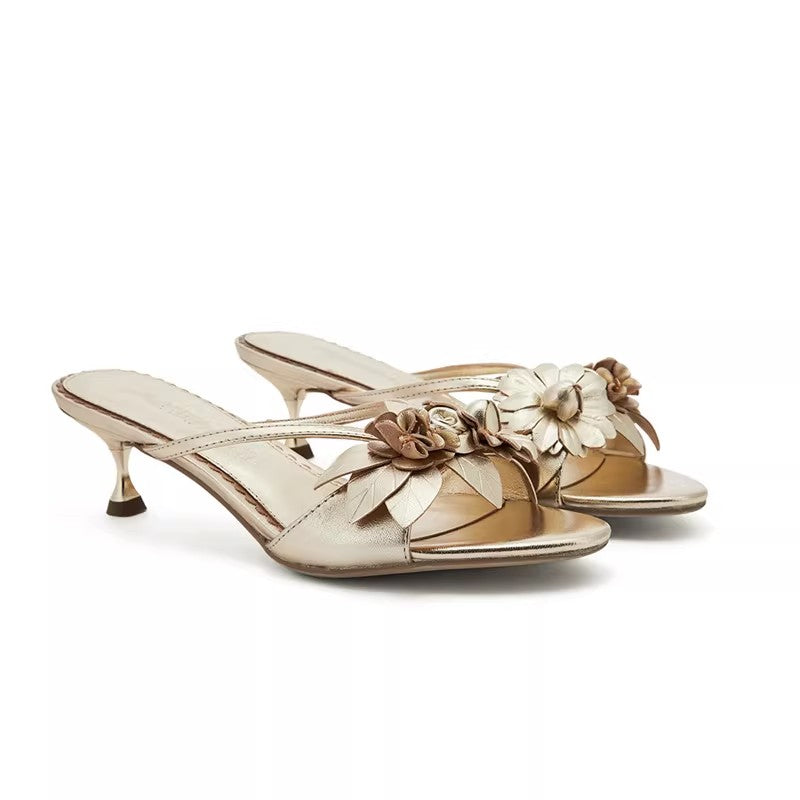 Original Design Silver Handmade Lambskin Floral Block Heel High Heels Gold