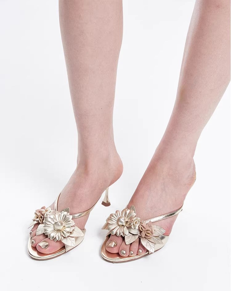 Original Design Silver Handmade Lambskin Floral Block Heel High Heels Gold