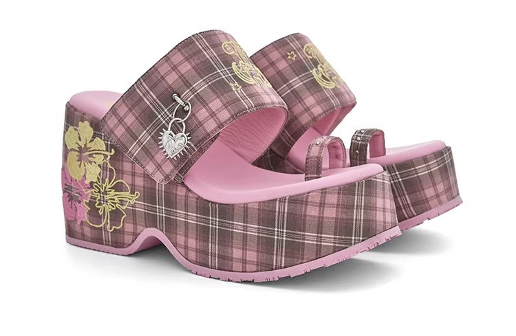 Peruru Island-Style Hibiscus Pink Checked Platform Flip-Flops