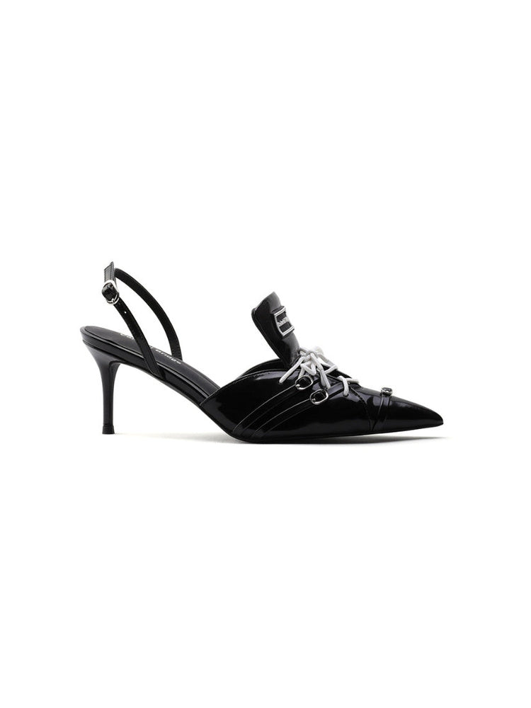 Racing-inspired Designer Sporty High-Heel Pointed-Toe Black Sandals