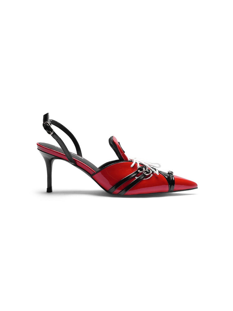 Racing-inspired Designer Sporty High-Heel Pointed-Toe Black Sandals