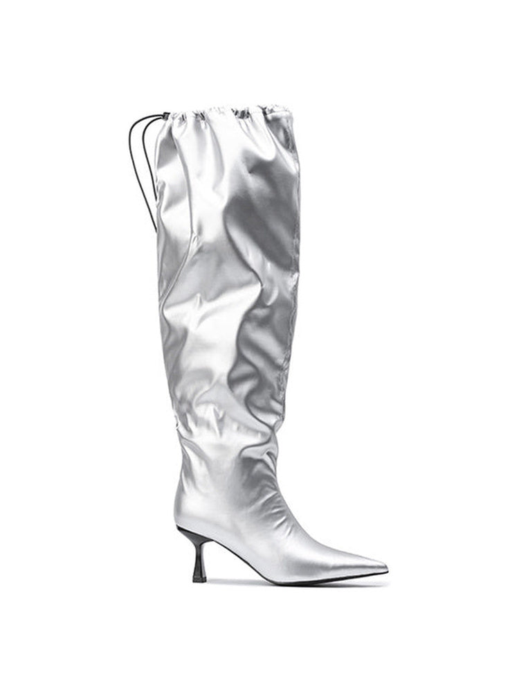 "Nightveil" Matte Leather Drawstring Knee-High Stiletto Boots 6.5CM Sculpted Heel Avant-Garde Pointed Tall Boots