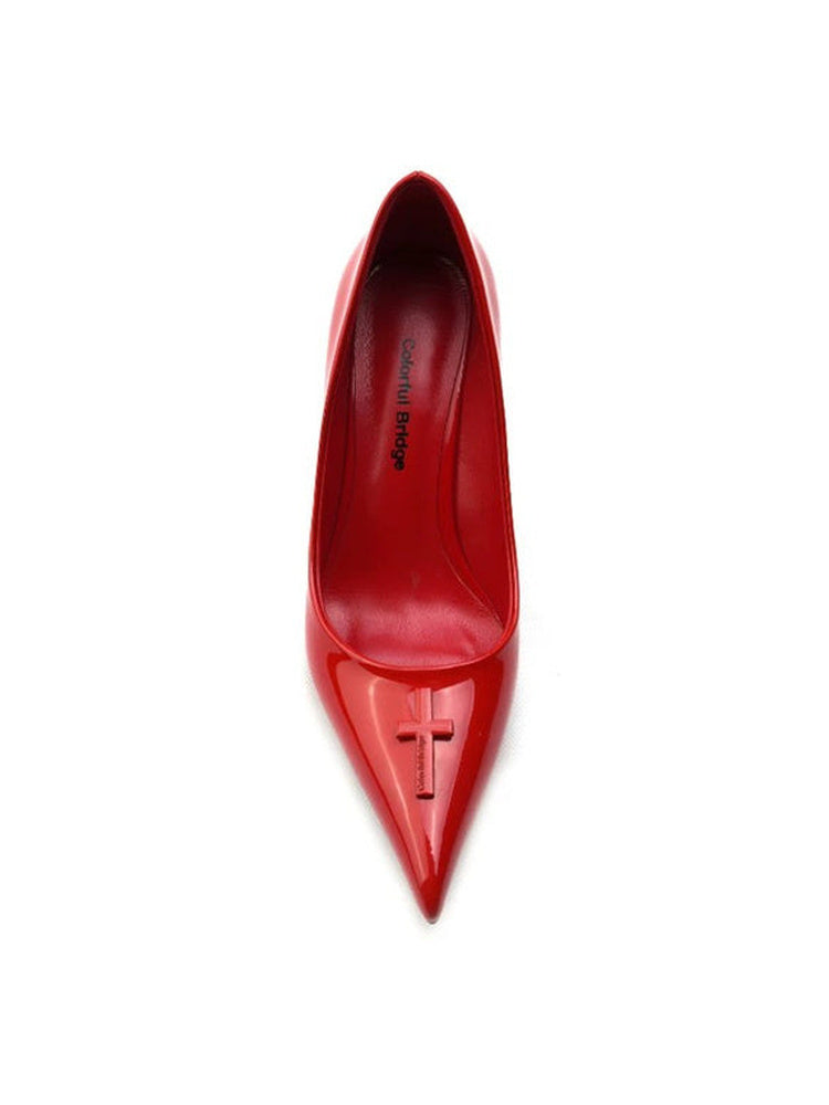 Bright Red Patent Leather Cross Wedge Pumps 8CM Curved Wedge Heel Pointed Toe Designer Slip-On Heels
