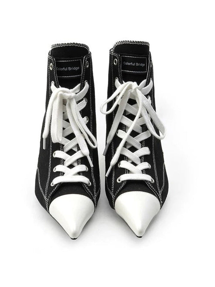 Contrast Canvas Wedge Ankle Boots 5.5CM Wedge Heel Pointed Toe Lace-Up High Sneaker Booties