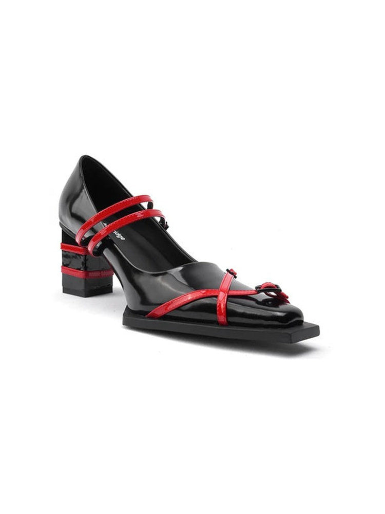 Patent Leather Red Contrast Strap Square Toe Mary Jane Pumps 6CM Color Block Block Heel Designer Heels