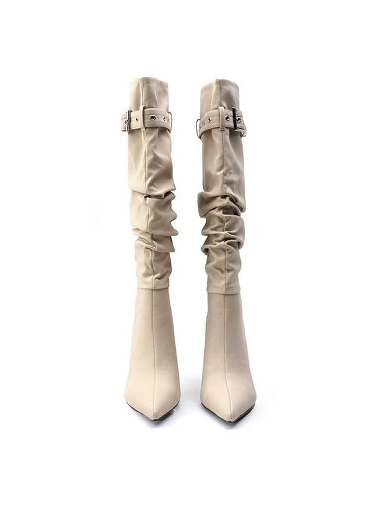 Ruched Buckle Knee-High Stiletto Boots Pointed Toe Avant-Garde High Heel Boots