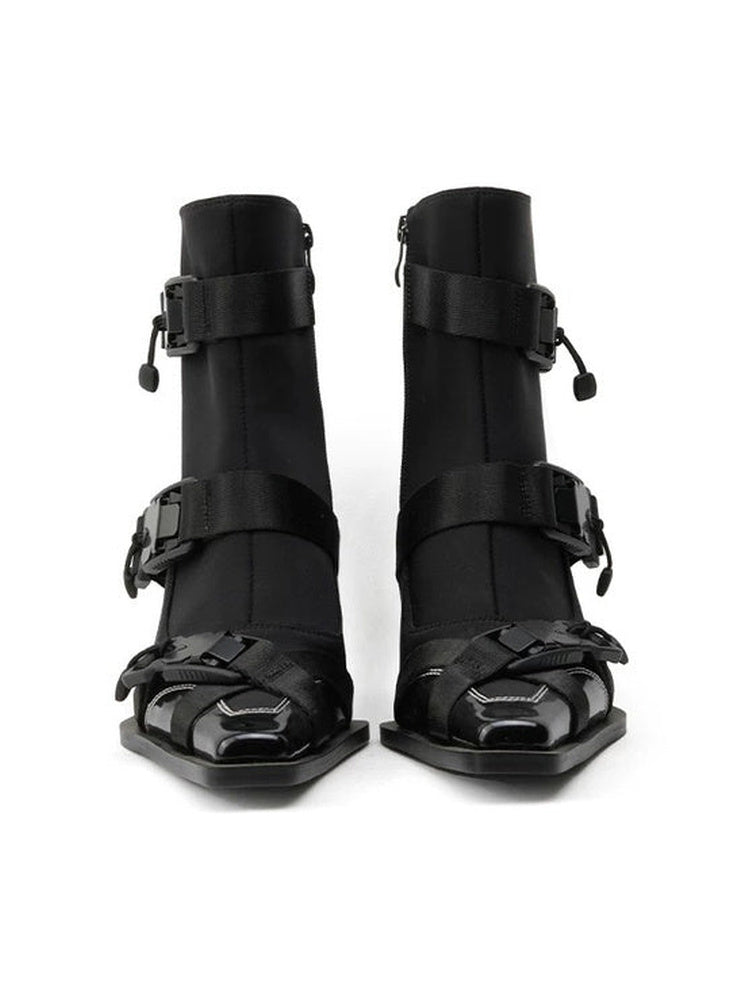Techwear Stretch Satin Ankle Boots 6.5CM Grooved Block Heel Square Toe Quick Release Buckle Strap Gothic Booties