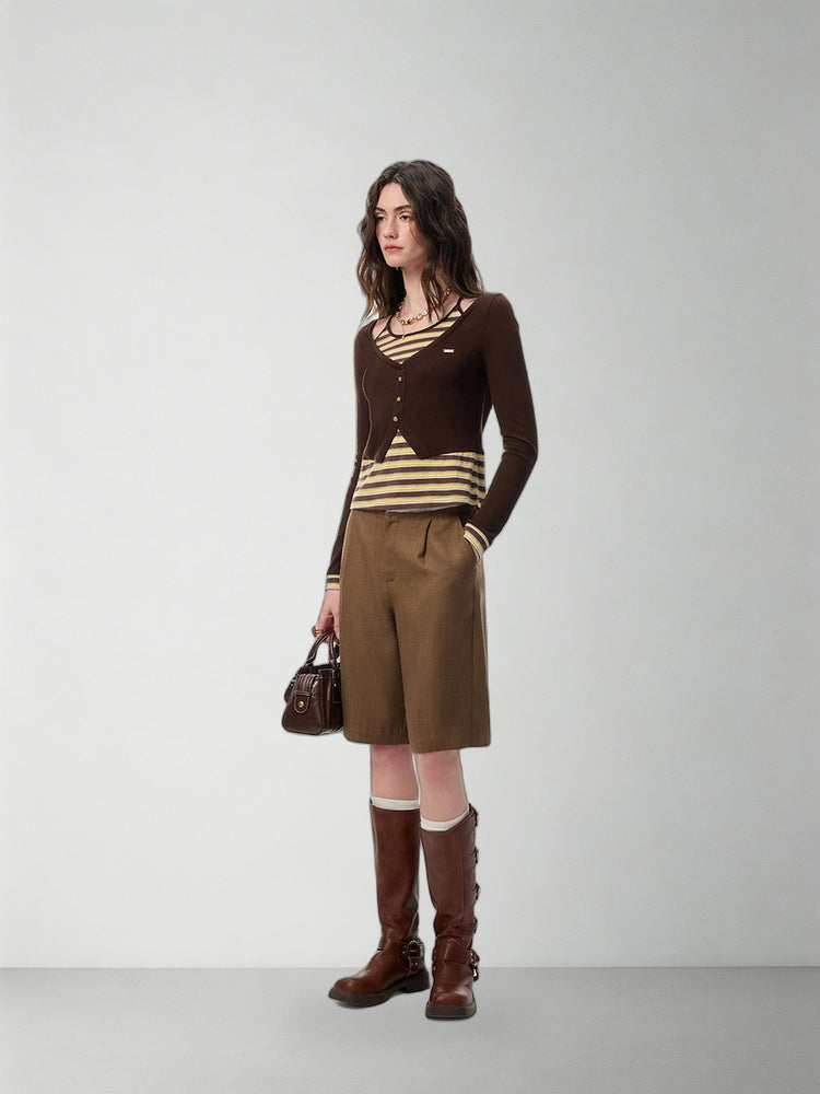 SHROENRO Brown Contrast Frayed-Hem Culottes — natural studio lead image