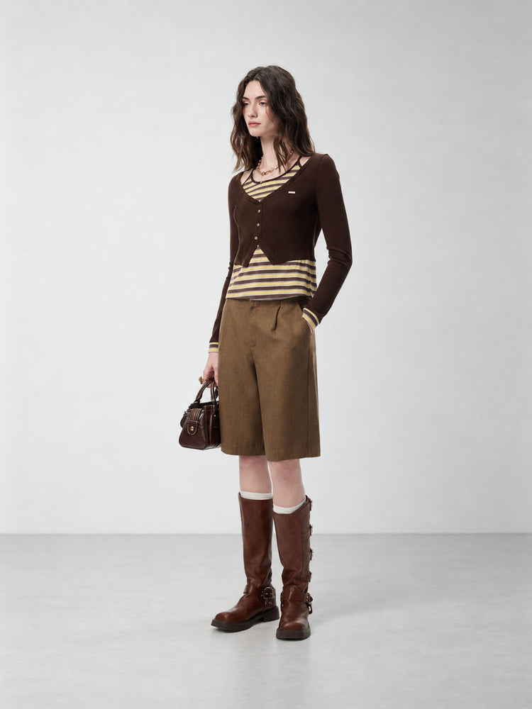 SHROENRO Brown Contrast Frayed-Hem Culottes — natural studio lead image
