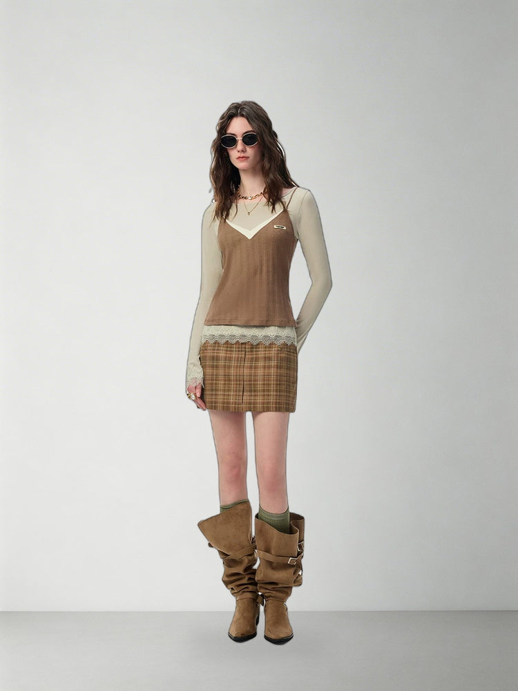 SHROENRO Contrast Lace-Trim Knit Two-Piece Top — natural studio lead image