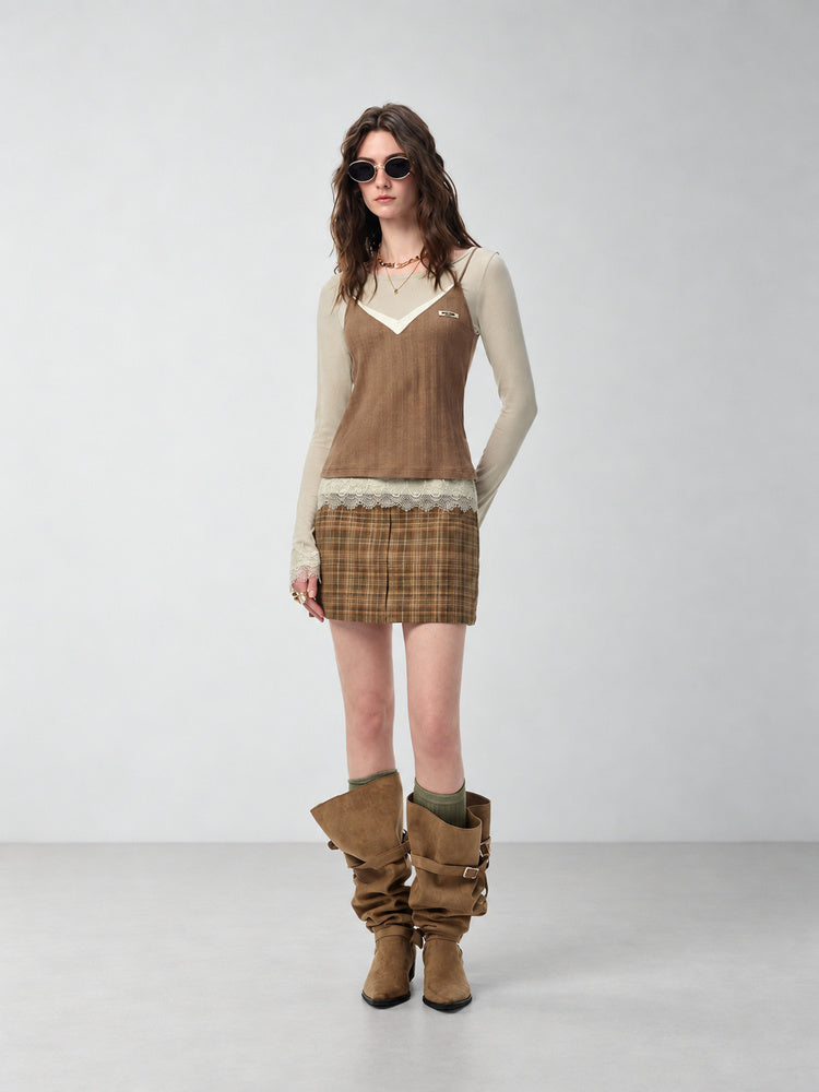 SHROENRO Contrast Lace-Trim Knit Two-Piece Top — natural studio lead image