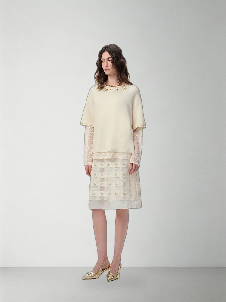 SHROENRO Beaded Lace-Layered Long-Sleeve Top — natural studio lead image
