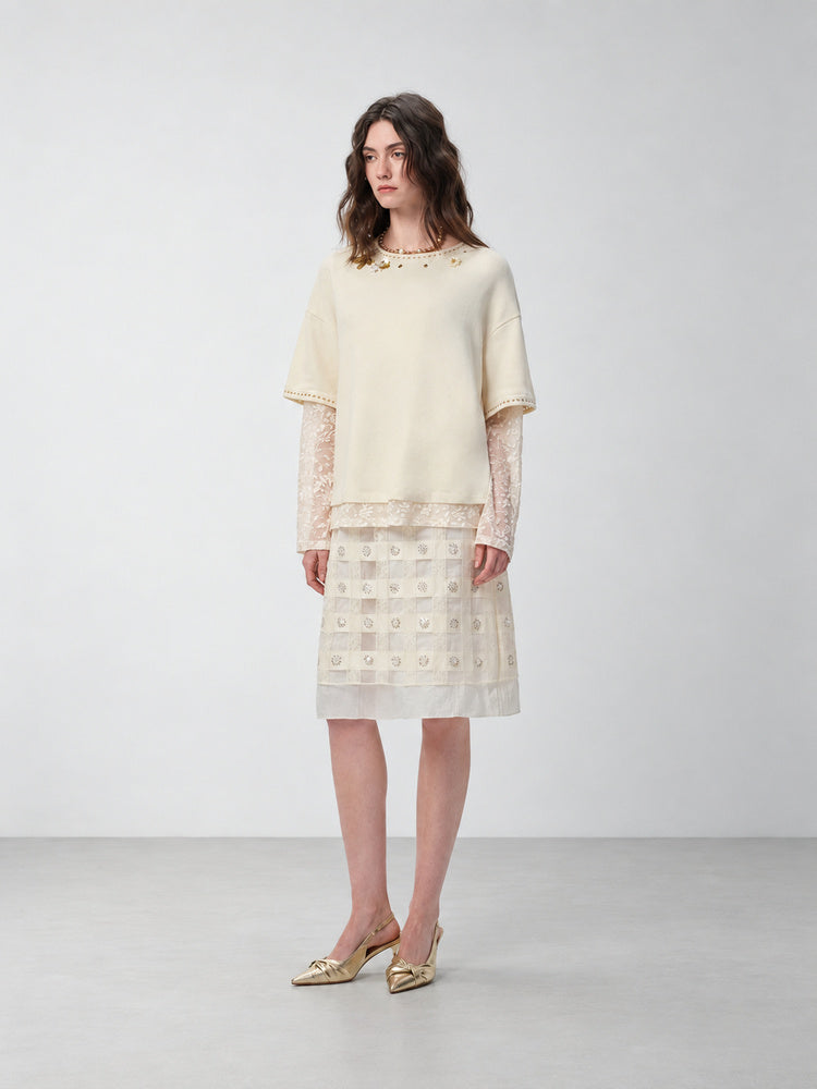 SHROENRO Beaded Lace-Layered Long-Sleeve Top — natural studio lead image