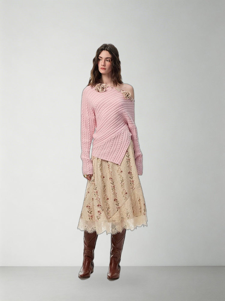 SHROENRO Asymmetric Lace-Panel Floral Midi Skirt — natural studio lead image