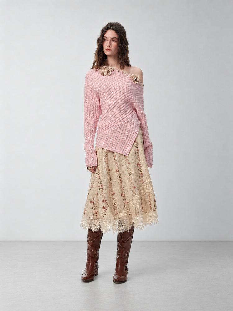 SHROENRO Asymmetric Lace-Panel Floral Midi Skirt — natural studio lead image