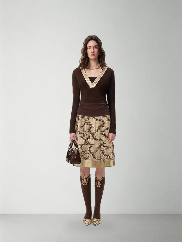 SHROENRO Embellished Lace-Layered Midi Skirt — natural studio lead image