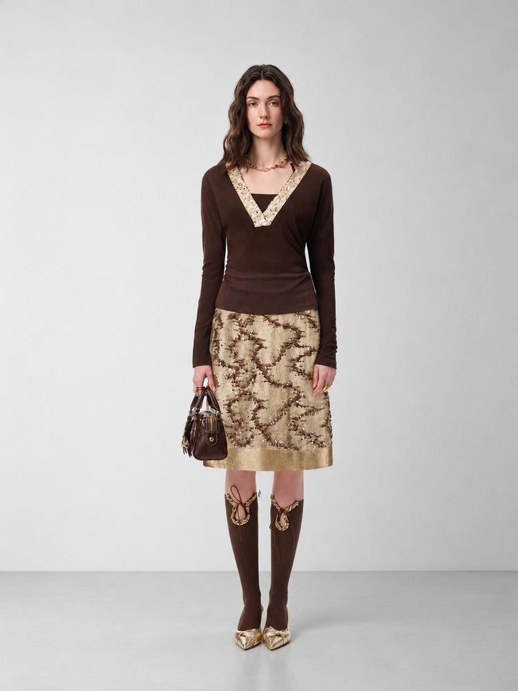 SHROENRO Embellished Lace-Layered Midi Skirt — natural studio lead image