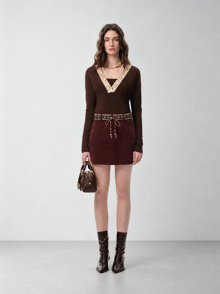SHROENRO Lace-Trim High-Waisted A-Line Mini Skirt — natural studio lead image