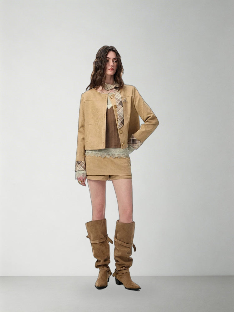 SHROENRO Vintage Plaid Cropped Jacket — natural studio lead image